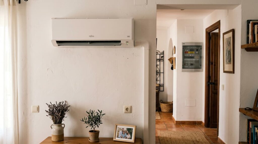 aire acondicionado split en pared con cuadro eléctrico